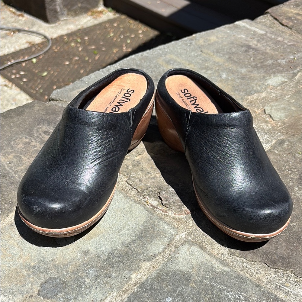 Women's SoftWalk Black Leather Clogs